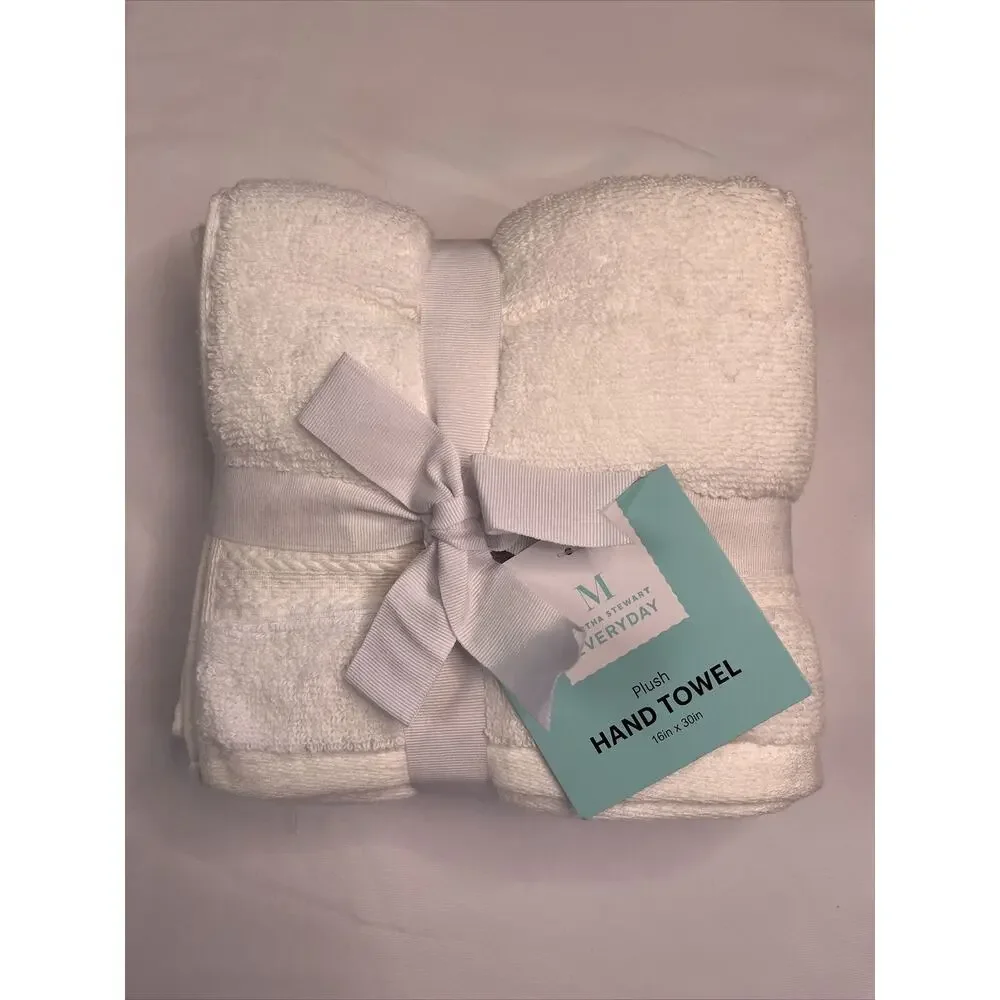 Martha Stewart Plush Hand Towels Everyday White 16x30 Inch Cotton Set of 2